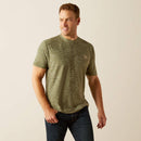 Men's Ariat short sleeve tee in Dark Olive. Dark Olive is a heathered green. Front view showing shirt untucked. 