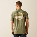 Men's Ariat short sleeve tee in Dark Olive. Dark Olive is a heathered green. Rear view showing shirt untucked and Ariat logo. 