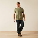 Men's Ariat short sleeve tee in Dark Olive. Dark Olive is a heathered green. Full front view showing shirt untucked. 