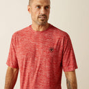 Men's Ariat short sleeve tee in Haute Red. Front view showing close up of Ariat shield logo on left chest. 