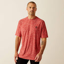 Men's Ariat short sleeve tee in Haute Red. Haute Red is a heathered red. Front view showing shirt untucked. 