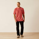 Men's Ariat short sleeve tee in Haute Red. Full front view of shirt untucked. 