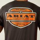 Men's Ariat graphic logo short sleeve tee in Vintage Black. Close up of back Ariat logo. 