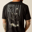 Men's Ariat short sleeve graphic tee in Black. Rear view showing close up of back graphic of a cowboy sitting on a horse. 