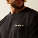 Men's Ariat short sleeve graphic tee in Black. Close up of left chest graphic blocked Ariat logo. 