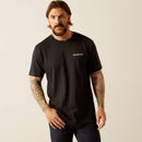 Men's Ariat short sleeve graphic tee in Black. Front view showing shirt untucked and Ariat graphic logo on left chest. 