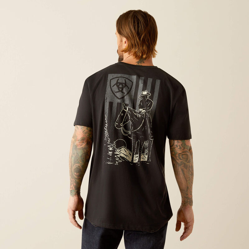 Men's Ariat short sleeve graphic tee in Black. Rear view showing a cowboy on a horse graphic print. 