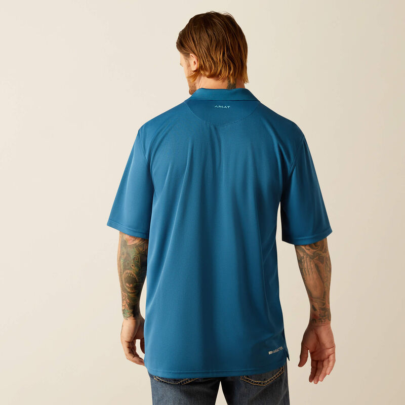 Men's Ariat Tek short sleeve polo shirt in Blue Sapphire. Rear view showing shirt untucked with Ariat logo and Ariat Tek logo. 