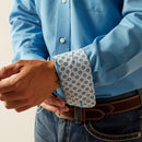 Men's Ariat long sleeve wrinkle free shirt in Blue. Close up view of contrast pattern on cuff. 