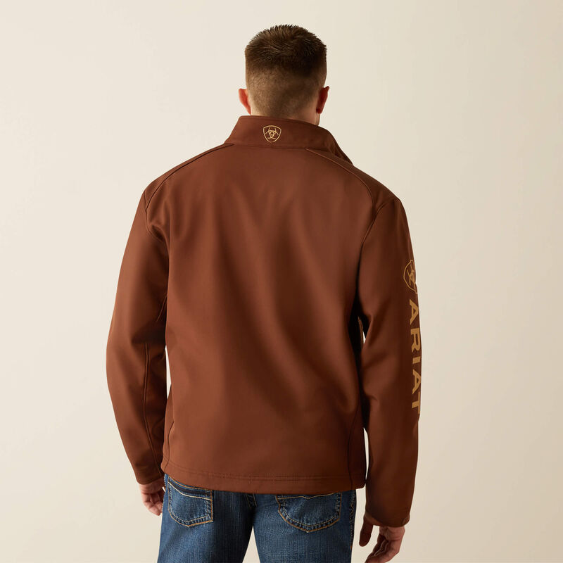 Men's Ariat softshell jacket in Potting Soil. Rear view showing Ariat logos. 