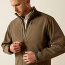 Men's Ariat softshell jacket in Crocodile Heather. Front view showing chest zippered pocket with Ariat shield logo and the adjustable cuffs. 
