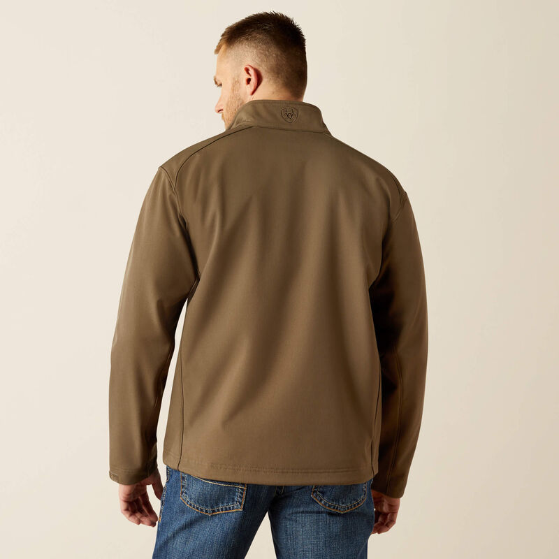 Men's Ariat softshell jacket in Crocodile Heather. Rear view showing Ariat shield logo on collar. 