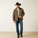Men's Ariat softshell jacket in Crocodile Heather. Full front view with jacket unzipped. 