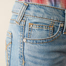 Ariat girls boot cut jean, in a light wash. Close up of front pocket. 