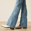 Ariat girls boot cut jean, in a light wash. Bottom view