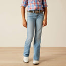 Ariat girls boot cut jean, in a light wash. Front view