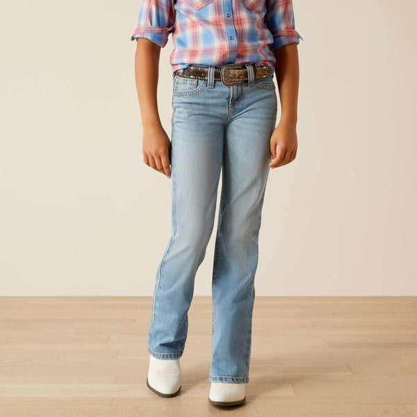 Ariat girls boot cut jean, in a light wash. Front view