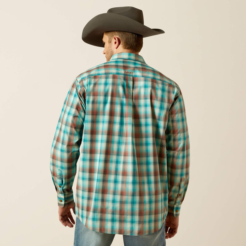 Men's Ariat classic fit button up Western style long sleeve shirt in Aqua Blue Plaid.  Rear view showing taped placket and back neck seam featuring a stitched Ariat logo, shirt untucked. 