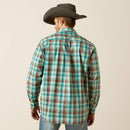 Men's Ariat classic fit button up Western style long sleeve shirt in Aqua Blue Plaid.  Rear view showing taped placket and back neck seam featuring a stitched Ariat logo, shirt untucked. 