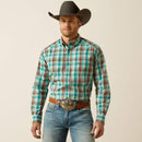 Men's Ariat classic fit button up Western style long sleeve shirt in Aqua Blue Plaid. 
