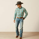 Men's Ariat classic fit button up Western style long sleeve shirt in Aqua Blue Plaid. Front view shirt tucked. 