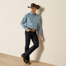 Men's Ariat long sleeve button up shirt in Blue Plaid. Front view shirt tucked. 