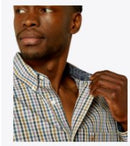 Men's Ariat long sleeve button up shirt in Dusty Plaid. Close up of collar showing contrasting inside pattern details. 