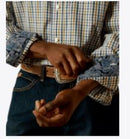 Men's Ariat long sleeve button up shirt in Dusty Plaid. Close up of contrast pattern on cuffs. 