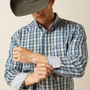Men's Ariat long sleeve shirt in Navy Plaid. Close up view of contrast pattern inside cuffs and Ariat logo on left front pocket. 