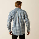 Men's Ariat long sleeve shirt in Navy Plaid. Rear view showing shirt untucked. 