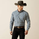 Men's Ariat long sleeve shirt in Navy Plaid. Front view showing shirt tucked in.