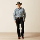 Men's Ariat long sleeve shirt in Navy Plaid. Full front view showing shirt tucked in. 