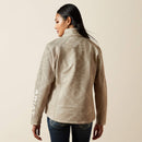 Women's Ariat softshell logo jacket in Tan Southwest Cross Stitch. This jacket features a bold Ariat logo on left sleeve. Rear view
