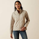 Women's Ariat softshell logo jacket in Tan Southwest Cross Stitch. This jacket features a bold Ariat logo on left sleeve. 