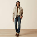 Women's Ariat softshell logo jacket in Tan Southwest Cross Stitch. This jacket features a bold Ariat logo on left sleeve. Full front view showing jacket open. 