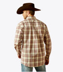 Men's Ariat long sleeve classic fit shirt in Cream Plaid.  Rear view showing shirt untucked. 