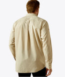 Men's Ariat long sleeve shirt in a Cream/Light Brown pattern. Shirt features button close and a bold Ariat logo on left sleeve. Back view showing Ariat logo on straight yoke. 