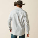 Men's Ariat long sleeve button up classic fit Western style shirt in White Plaid. Rear view showing shirt untucked. 