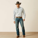 Men's Ariat long sleeve button up classic fit Western style shirt in White Plaid. Front full view shirt tucked. 