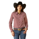 Women's Ariat long sleeve shirt in Cabernet Stripe shown on model. 