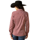 Women's Ariat long sleeve shirt in Cabernet Stripe shown on model. Rear view showing shirt untucked and Ariat logo on back. 