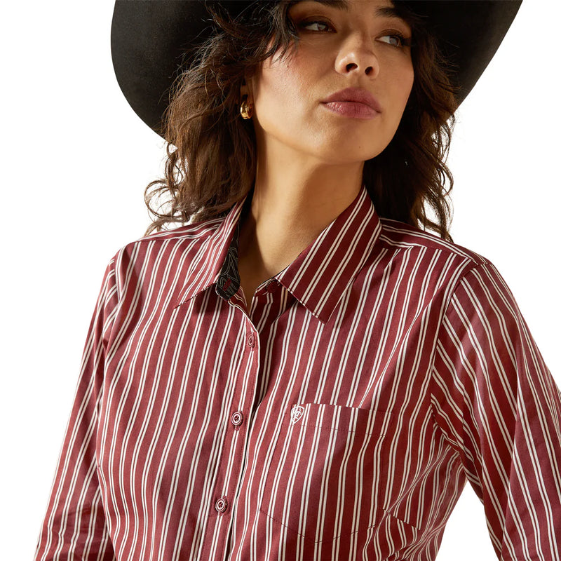 Women's Ariat Wrinkle Resistant Kirby Stretch Long Sleeve Shirt Cabernet Stripe