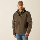 Ariat men's softshell jacket in Earth Green Heather. This jacket features a bold Ariat logo on the left sleeve in brown. 