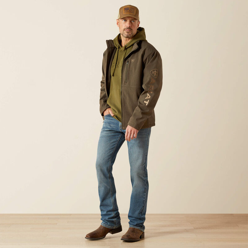 Ariat men's softshell jacket in Earth Green Heather. This jacket features a bold Ariat logo on the left sleeve in brown. Front view jacket open. 