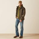 Ariat men's softshell jacket in Earth Green Heather. This jacket features a bold Ariat logo on the left sleeve in brown. Front view jacket open. 