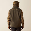 Full back view of men's Ariat dark green heather vest showing standing collar with an embroidered logo and and ARIAT block logo across center upper back. Curved hem hits mid seat.