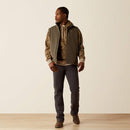 Men's dark green heather weather resistant vest. Has full front zipper, standing collar, left chest vertical zippered phone pocket with an Ariat logo, slash zippered hand pockets. Hits mid hip. Full front view.