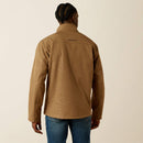 Men's Ariat khaki jacket back view shows solid back yoke and collar with tonal khaki geometric print on body and sleeves. Ariat block logo on yoke.