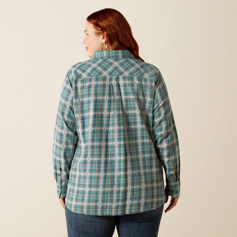 Women's Ariat Aquamarine Dobby plaid long sleeve button up shirt. Rear view showing shirt untucked. 