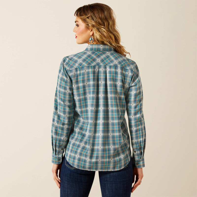 Women's Ariat Aquamarine Dobby plaid long sleeve button up shirt. Rear view showing shirt untucked.